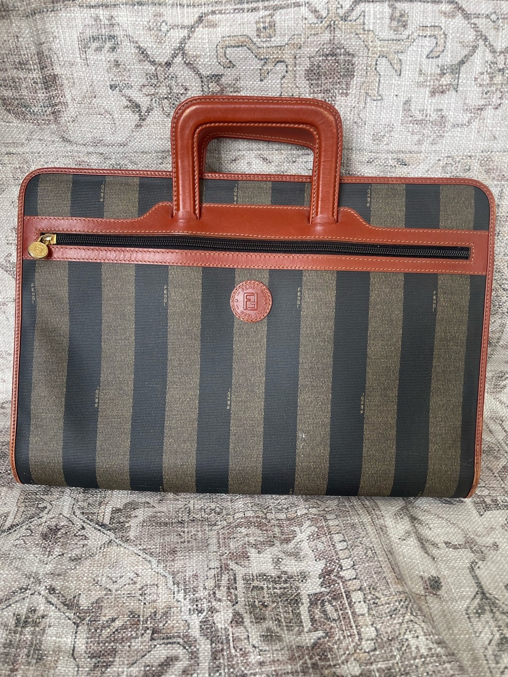 Fendi Brown and Black Striped Travel Briefcase with Tan Leather Trim